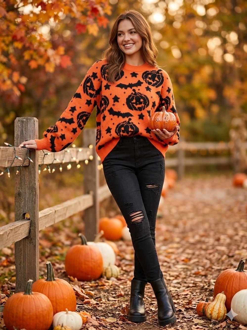 Boutique Halloween Pumpkin & Bat Knit Sweater Orange Medium Excellent Cond.